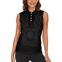 Philippines Barong Style Women Sleeveless Polo Shirt with Polynesian Art and Leaf Motif Black Color LT03 - Polynesian Pride