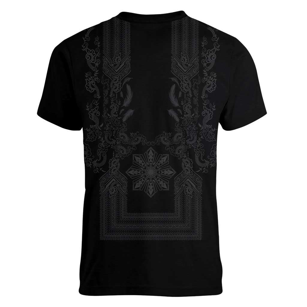 Philippines Barong Style Women V-Neck T-Shirt with Polynesian Art and Leaf Motif Black Color