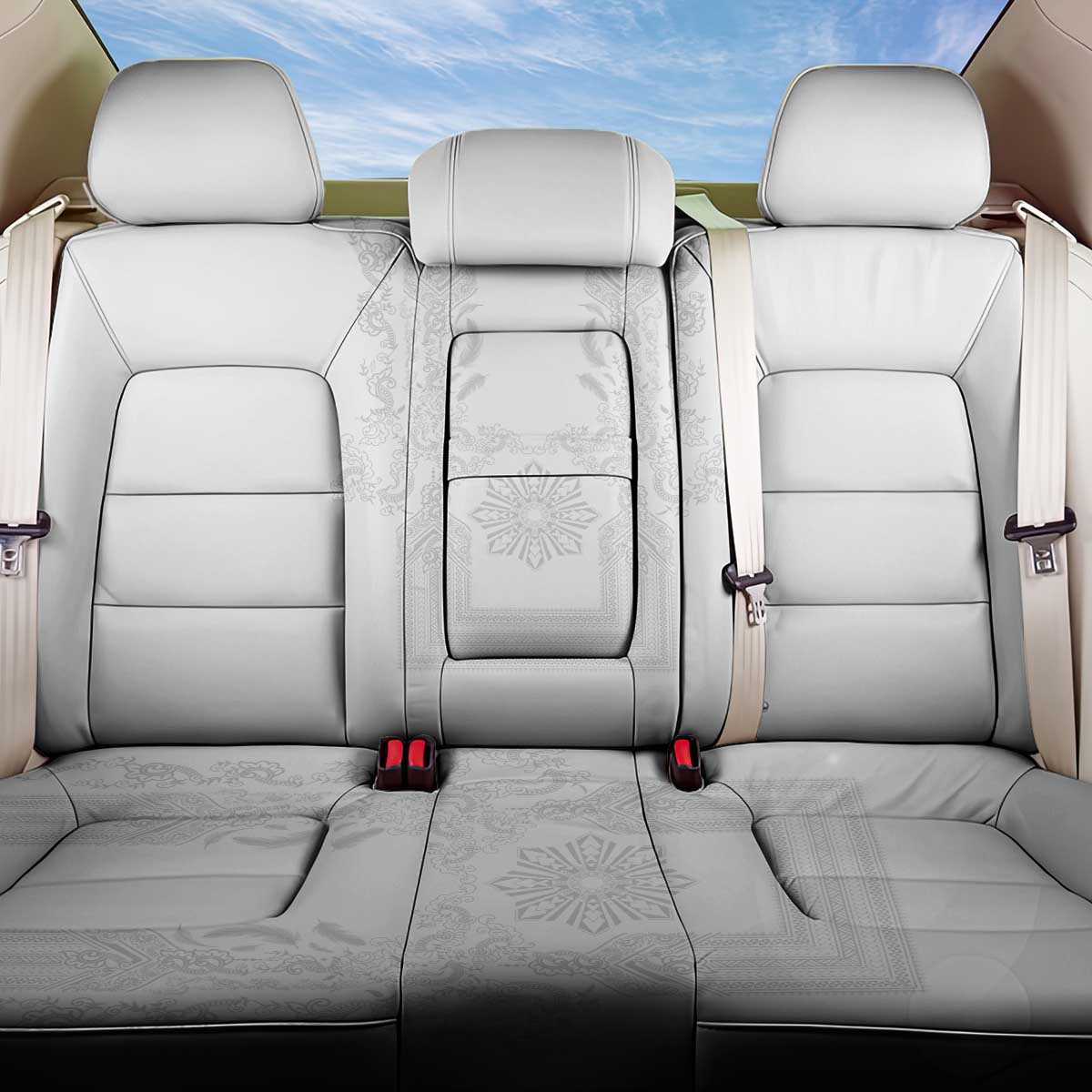 Philippines Barong Style Back Car Seat Cover with Polynesian Art and Leaf Motif White Color