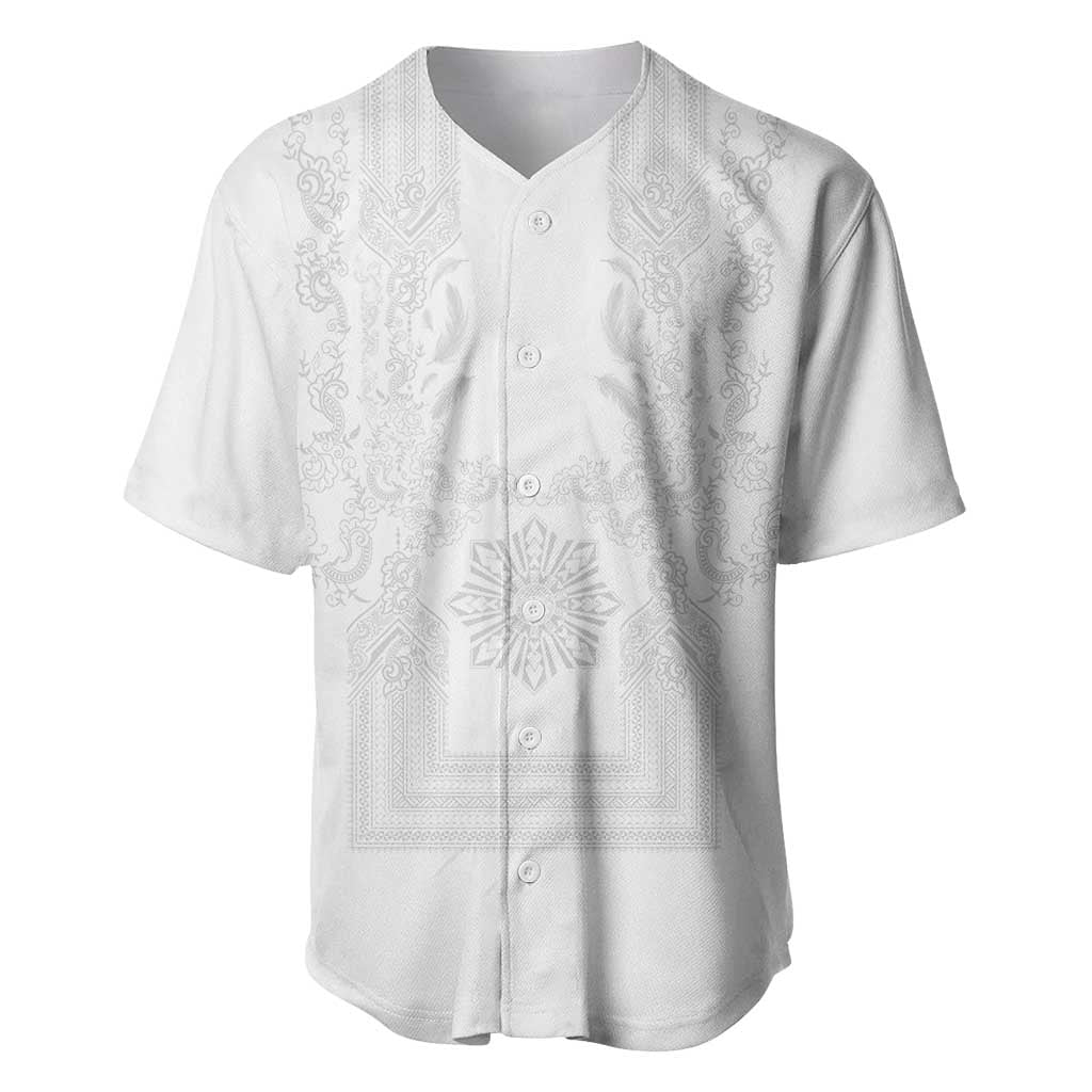 Philippines Barong Style Baseball Jersey with Polynesian Art and Leaf Motif White Color