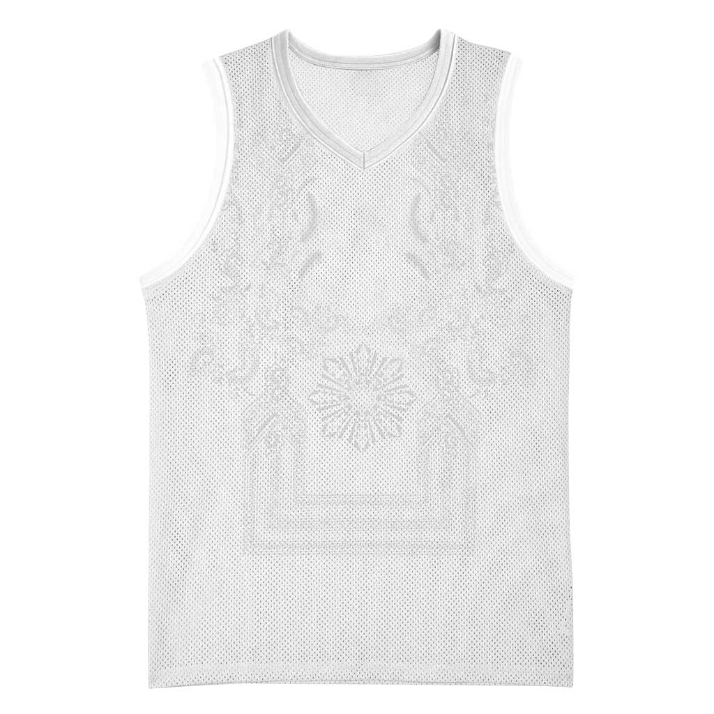 Philippines Barong Style Basketball Jersey with Polynesian Art and Leaf Motif White Color