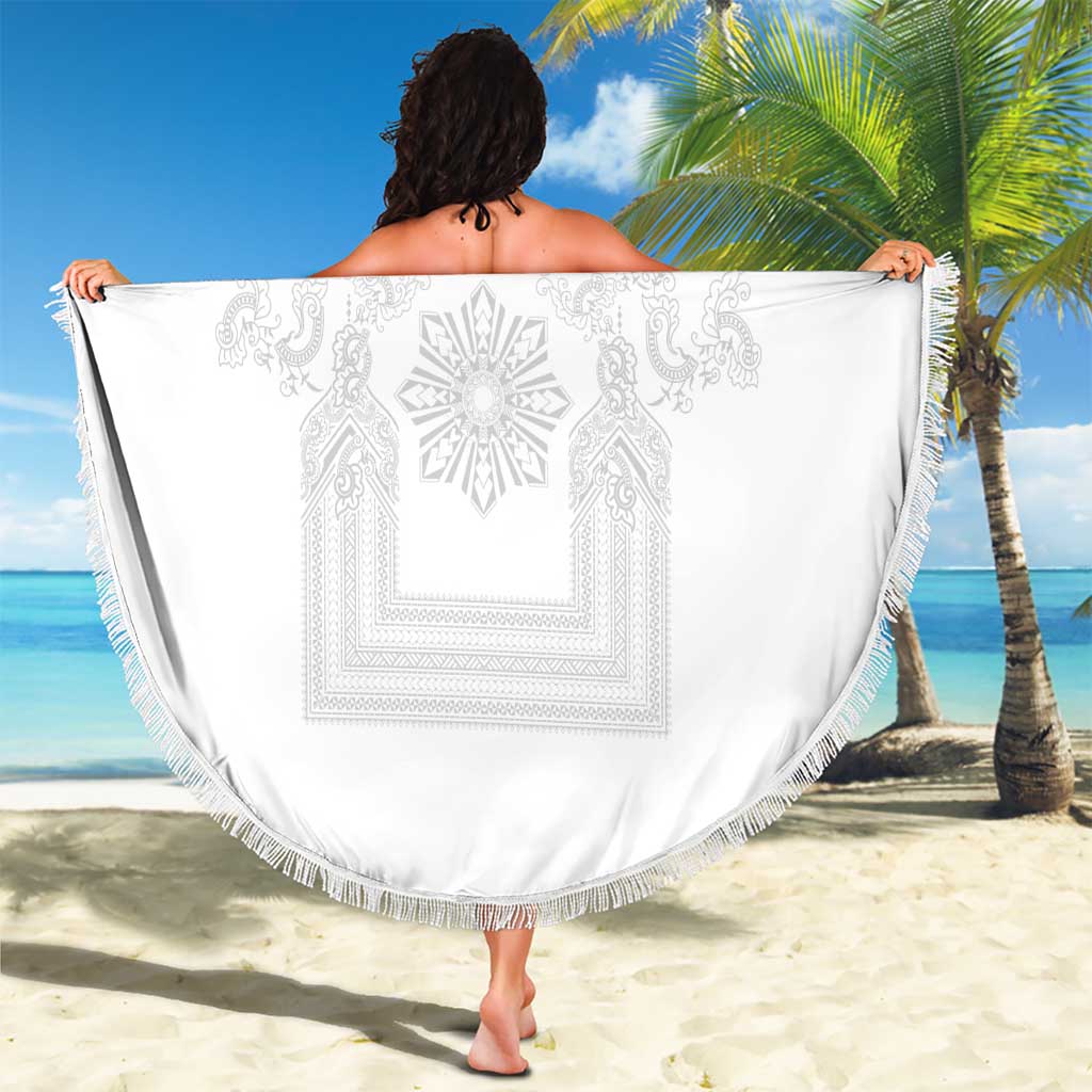 Philippines Barong Style Beach Blanket with Polynesian Art and Leaf Motif White Color