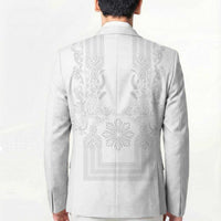 Philippines Barong Style Blazer with Polynesian Art and Leaf Motif White Color