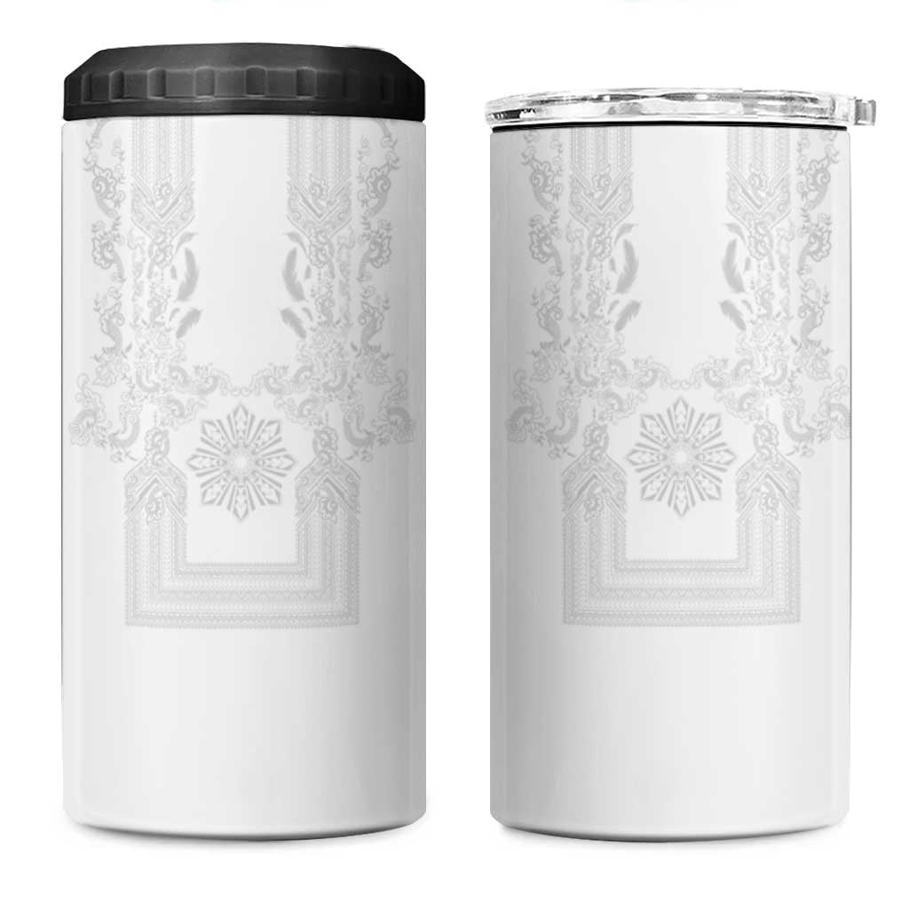 Philippines Barong Style 4 in 1 Can Cooler Tumbler with Polynesian Art and Leaf Motif White Color
