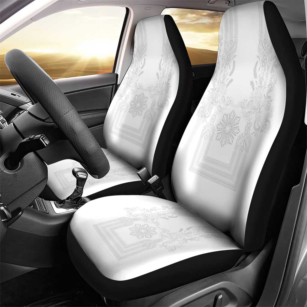 Philippines Barong Style Car Seat Cover with Polynesian Art and Leaf Motif White Color