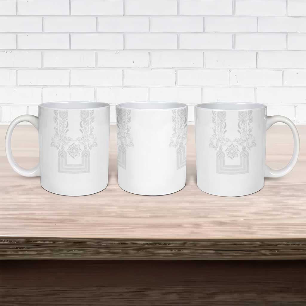 Philippines Barong Style Ceramic Mug with Polynesian Art and Leaf Motif White Color