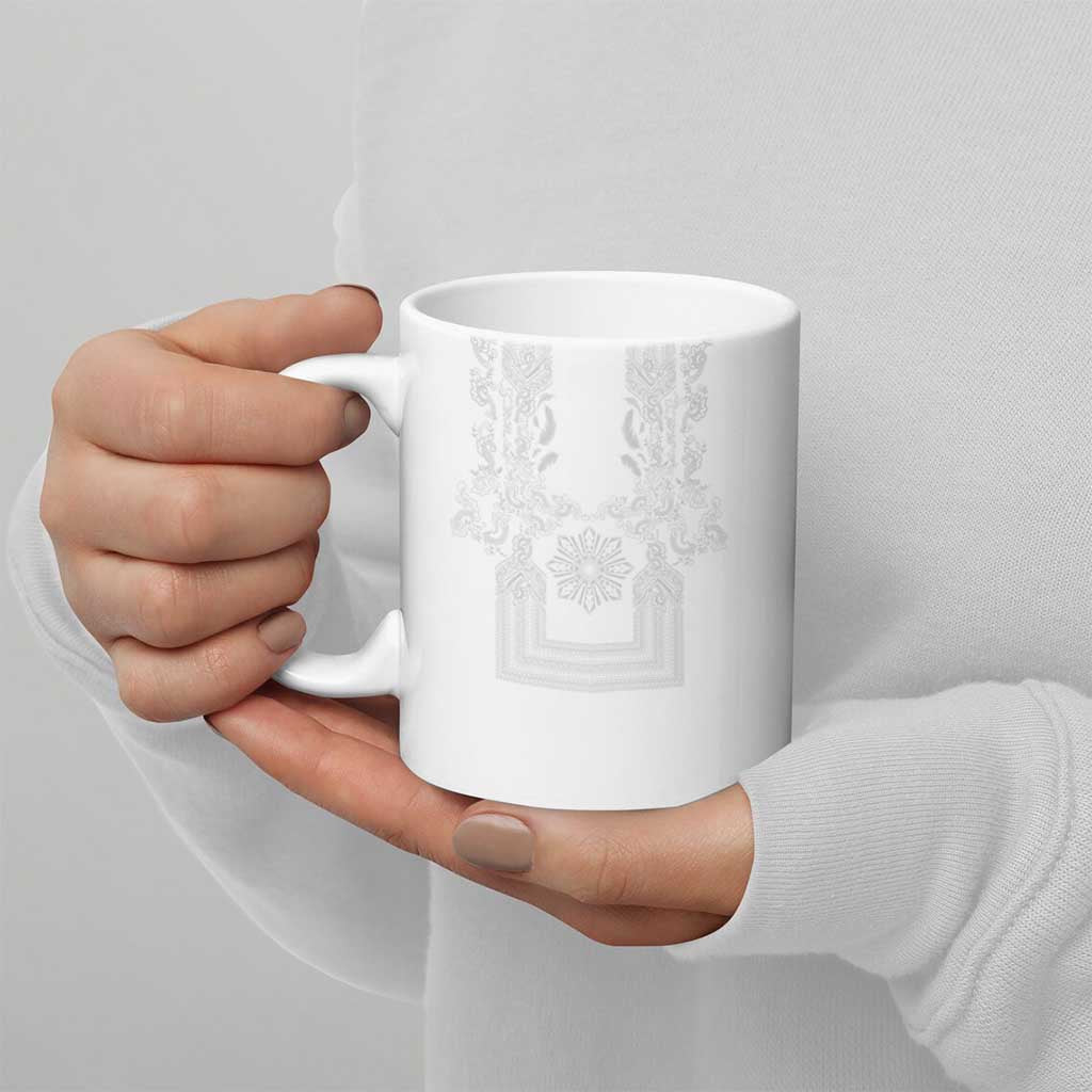 Philippines Barong Style Ceramic Mug with Polynesian Art and Leaf Motif White Color