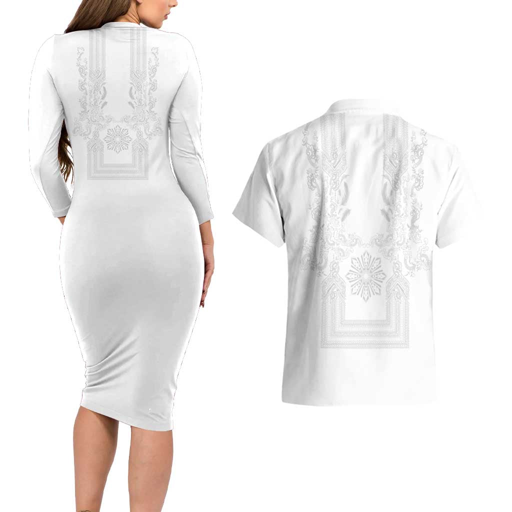 Philippines Barong Style Couples Matching Long Sleeve Bodycon Dress and Hawaiian Shirt with Polynesian Art and Leaf Motif White Color LT03 - Polynesian Pride
