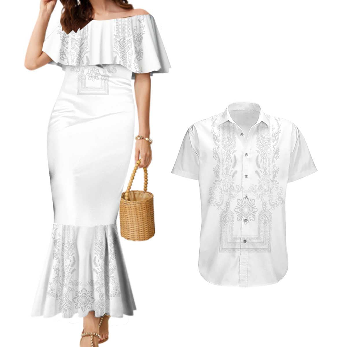 Philippines Barong Style Couples Matching Mermaid Dress and Hawaiian Shirt with Polynesian Art and Leaf Motif White Color