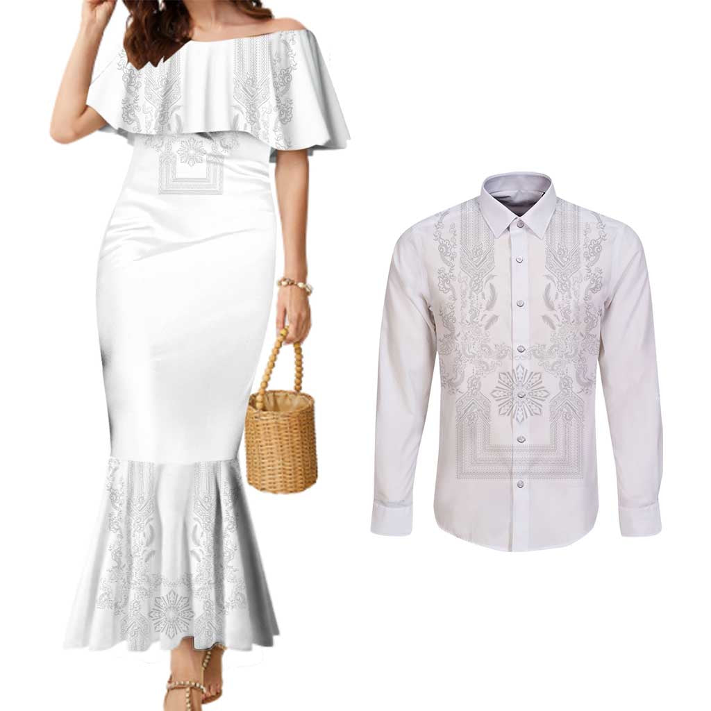 Philippines Barong Style Couples Matching Mermaid Dress and Long Sleeve Button Shirt with Polynesian Art and Leaf Motif White Color