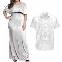 Philippines Barong Style Couples Matching Off Shoulder Maxi Dress and Hawaiian Shirt with Polynesian Art and Leaf Motif White Color