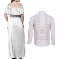 Philippines Barong Style Couples Matching Off Shoulder Maxi Dress and Long Sleeve Button Shirt with Polynesian Art and Leaf Motif White Color