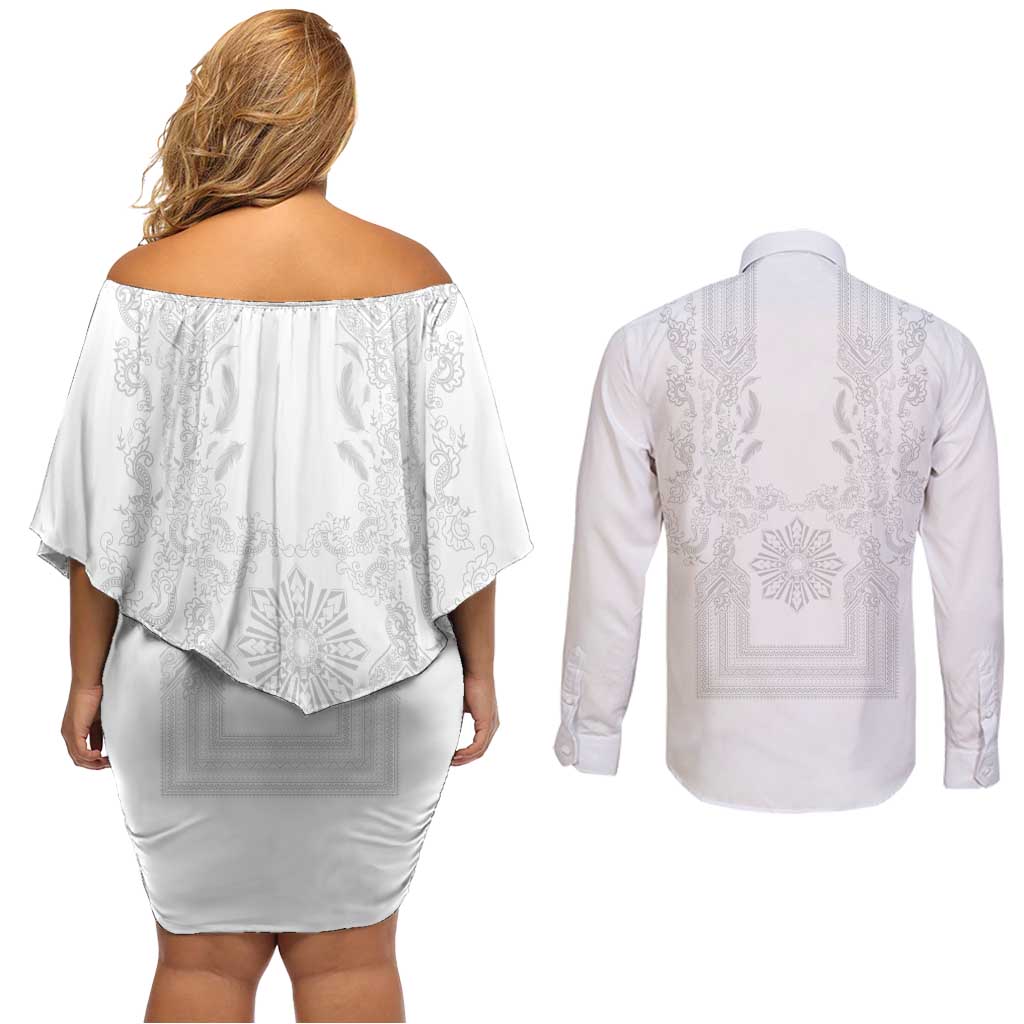 Philippines Barong Style Couples Matching Off Shoulder Short Dress and Long Sleeve Button Shirt with Polynesian Art and Leaf Motif White Color