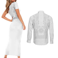 Philippines Barong Style Couples Matching Short Sleeve Bodycon Dress and Long Sleeve Button Shirt with Polynesian Art and Leaf Motif White Color