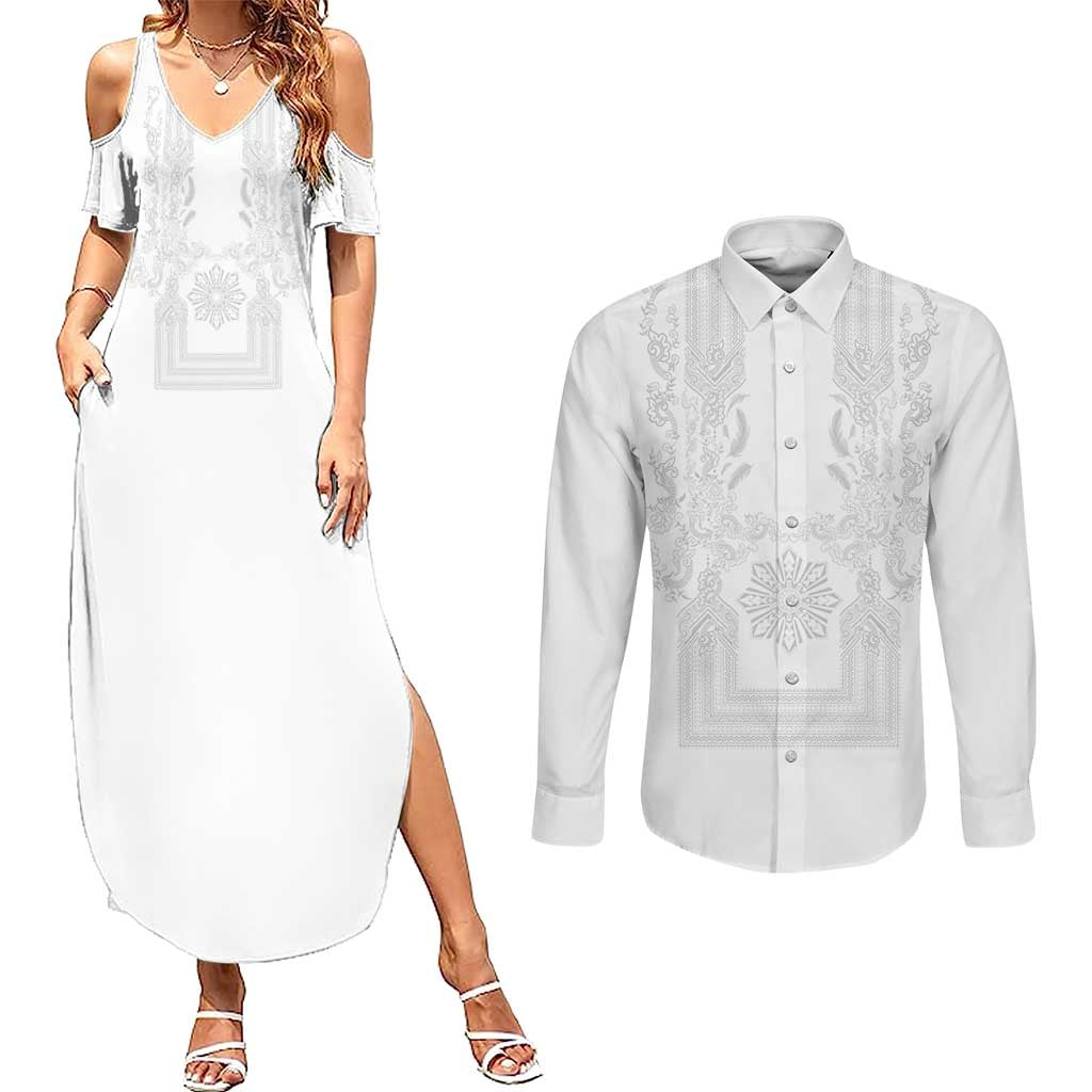 Philippines Barong Style Couples Matching Summer Maxi Dress and Long Sleeve Button Shirt with Polynesian Art and Leaf Motif White Color