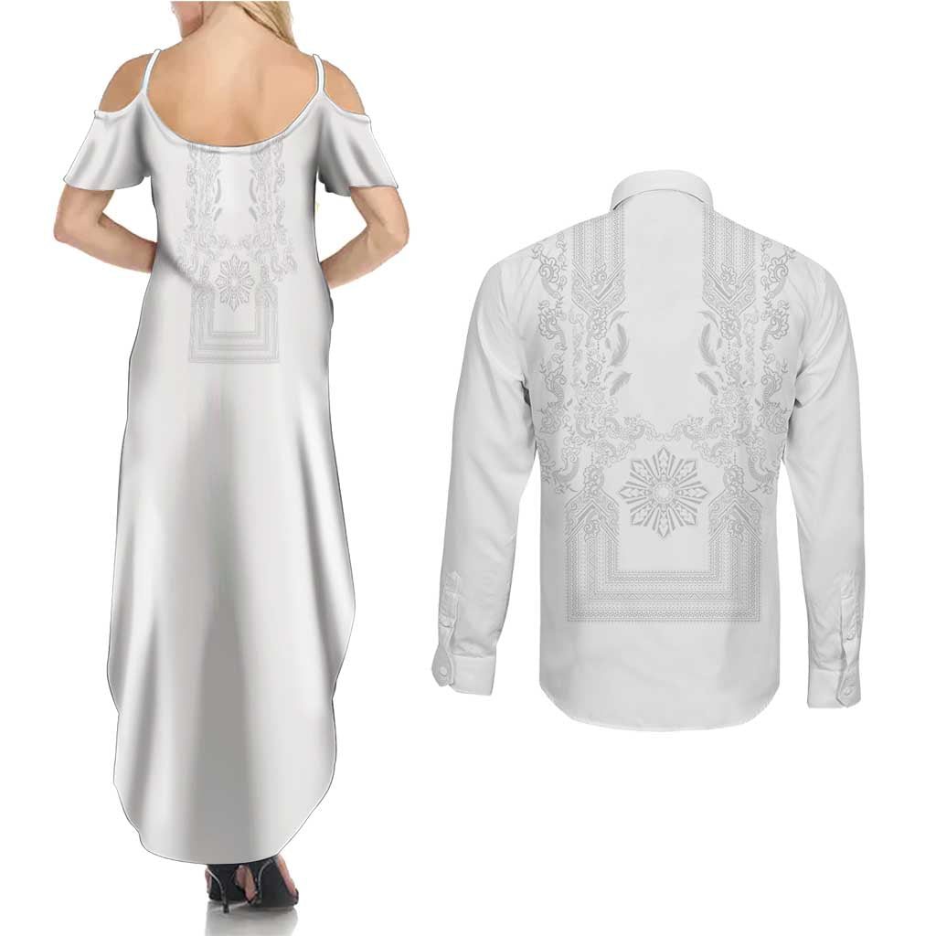 Philippines Barong Style Couples Matching Summer Maxi Dress and Long Sleeve Button Shirt with Polynesian Art and Leaf Motif White Color