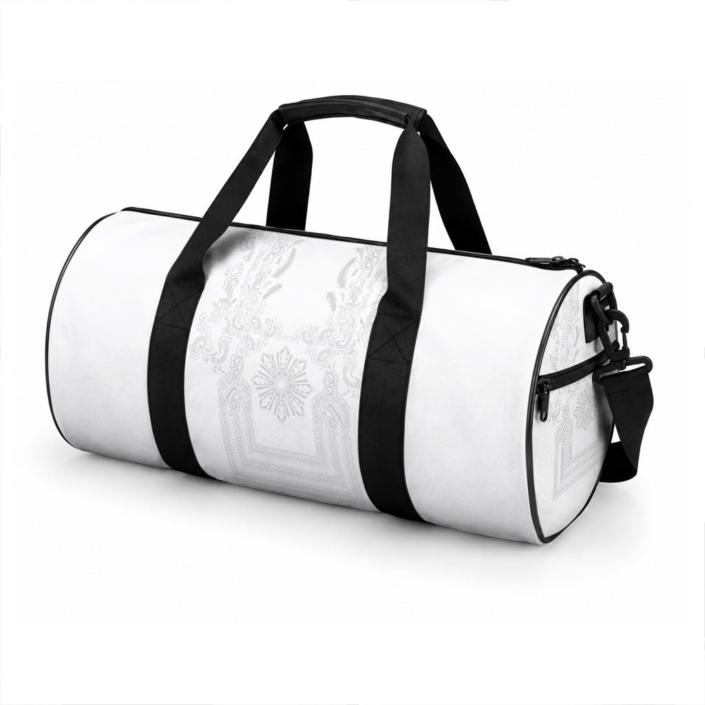 Philippines Barong Style Duffle Bag with Polynesian Art and Leaf Motif White Color