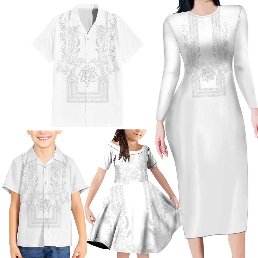 Philippines Barong Style Family Matching Long Sleeve Bodycon Dress and Hawaiian Shirt with Polynesian Art and Leaf Motif White Color LT03 - Polynesian Pride