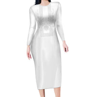 Philippines Barong Style Family Matching Long Sleeve Bodycon Dress and Hawaiian Shirt with Polynesian Art and Leaf Motif White Color LT03 Mom's Dress White - Polynesian Pride