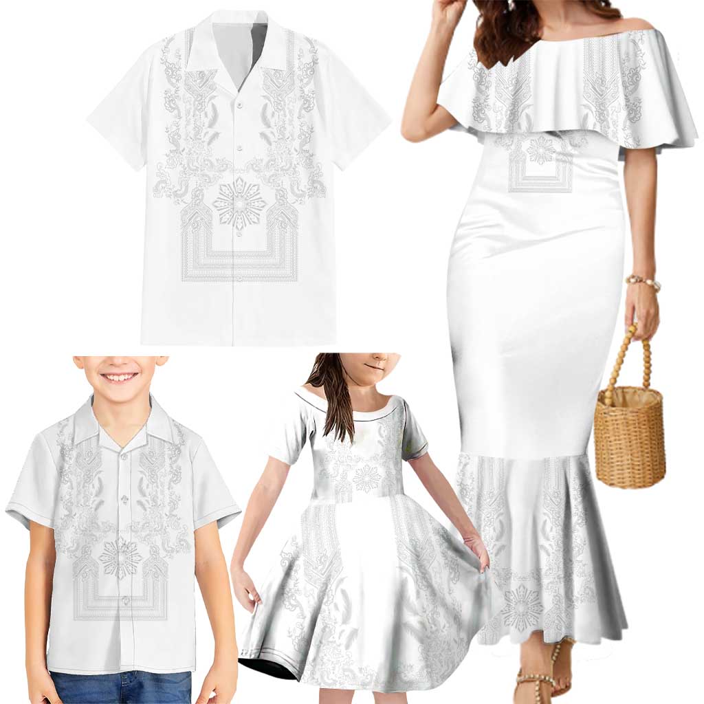 Philippines Barong Style Family Matching Mermaid Dress and Hawaiian Shirt with Polynesian Art and Leaf Motif White Color