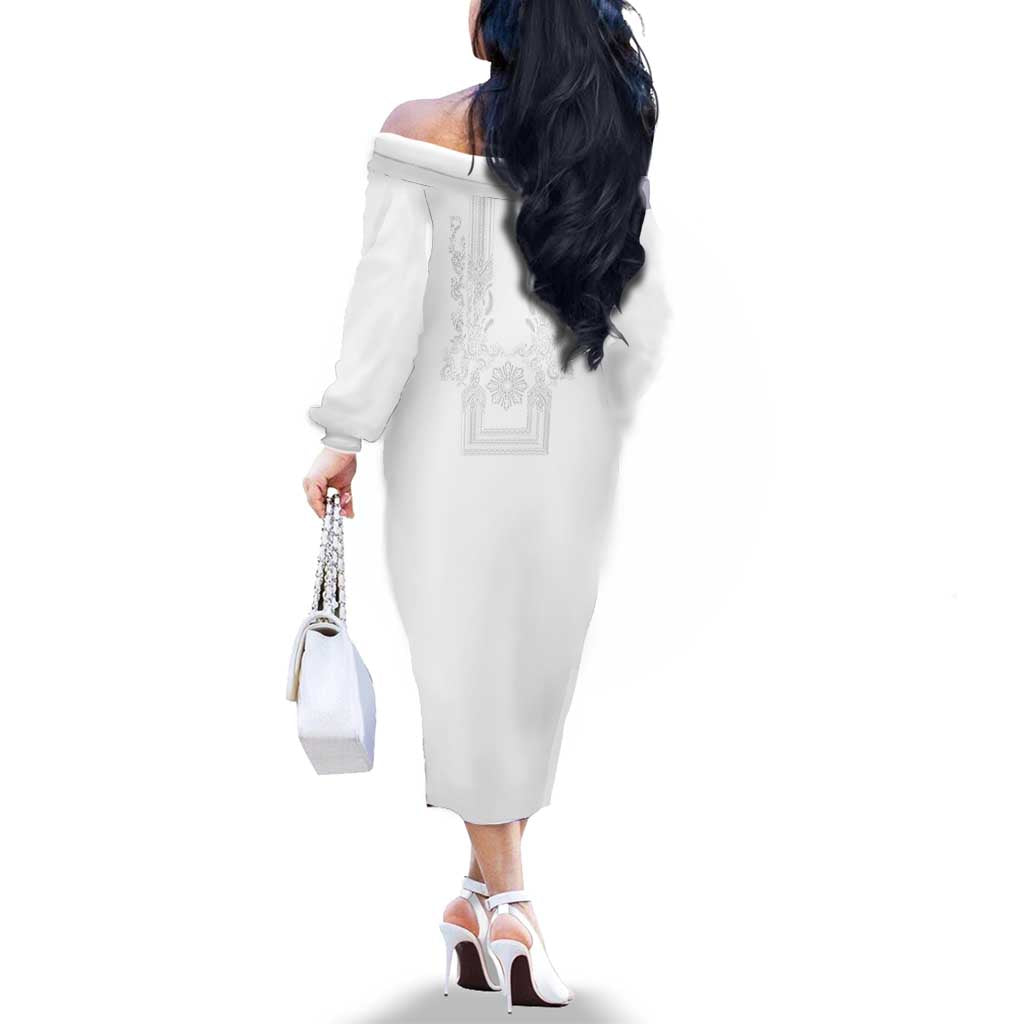 Philippines Barong Style Family Matching Off The Shoulder Long Sleeve Dress and Hawaiian Shirt with Polynesian Art and Leaf Motif White Color LT03 - Polynesian Pride