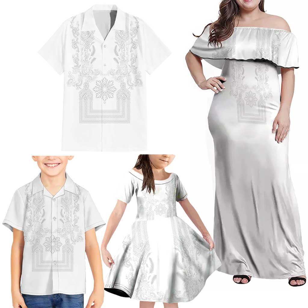 Philippines Barong Style Family Matching Off Shoulder Maxi Dress and Hawaiian Shirt with Polynesian Art and Leaf Motif White Color LT03 - Polynesian Pride