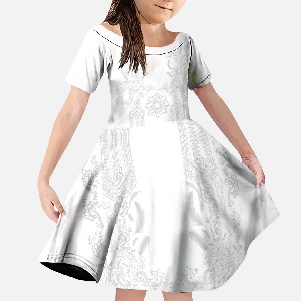 Philippines Barong Style Family Matching Off Shoulder Short Dress and Hawaiian Shirt with Polynesian Art and Leaf Motif White Color LT03 Daughter's Dress White - Polynesian Pride