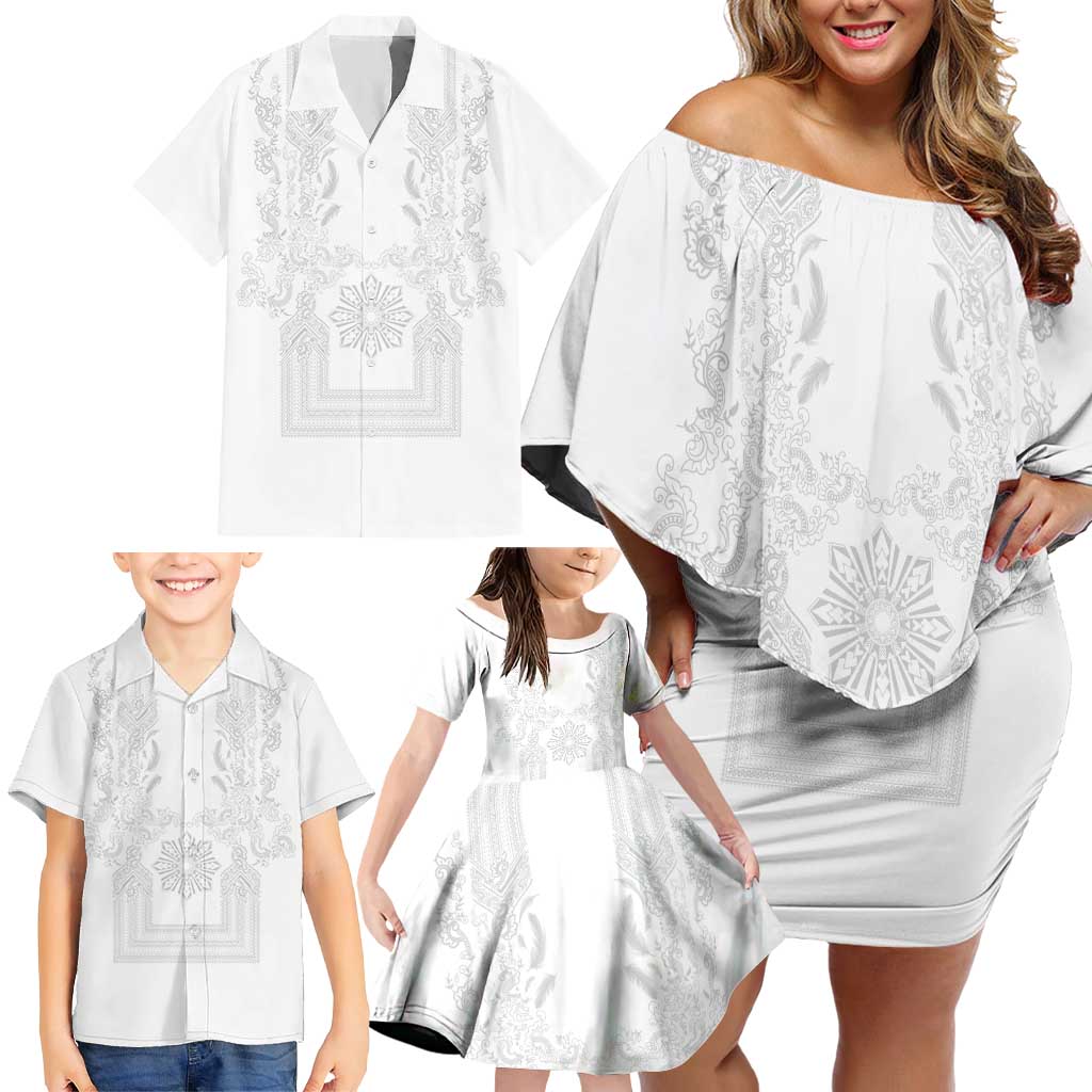 Philippines Barong Style Family Matching Off Shoulder Short Dress and Hawaiian Shirt with Polynesian Art and Leaf Motif White Color LT03 - Polynesian Pride