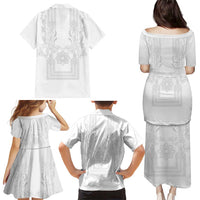 Philippines Barong Style Family Matching Puletasi and Hawaiian Shirt with Polynesian Art and Leaf Motif White Color LT03 - Polynesian Pride