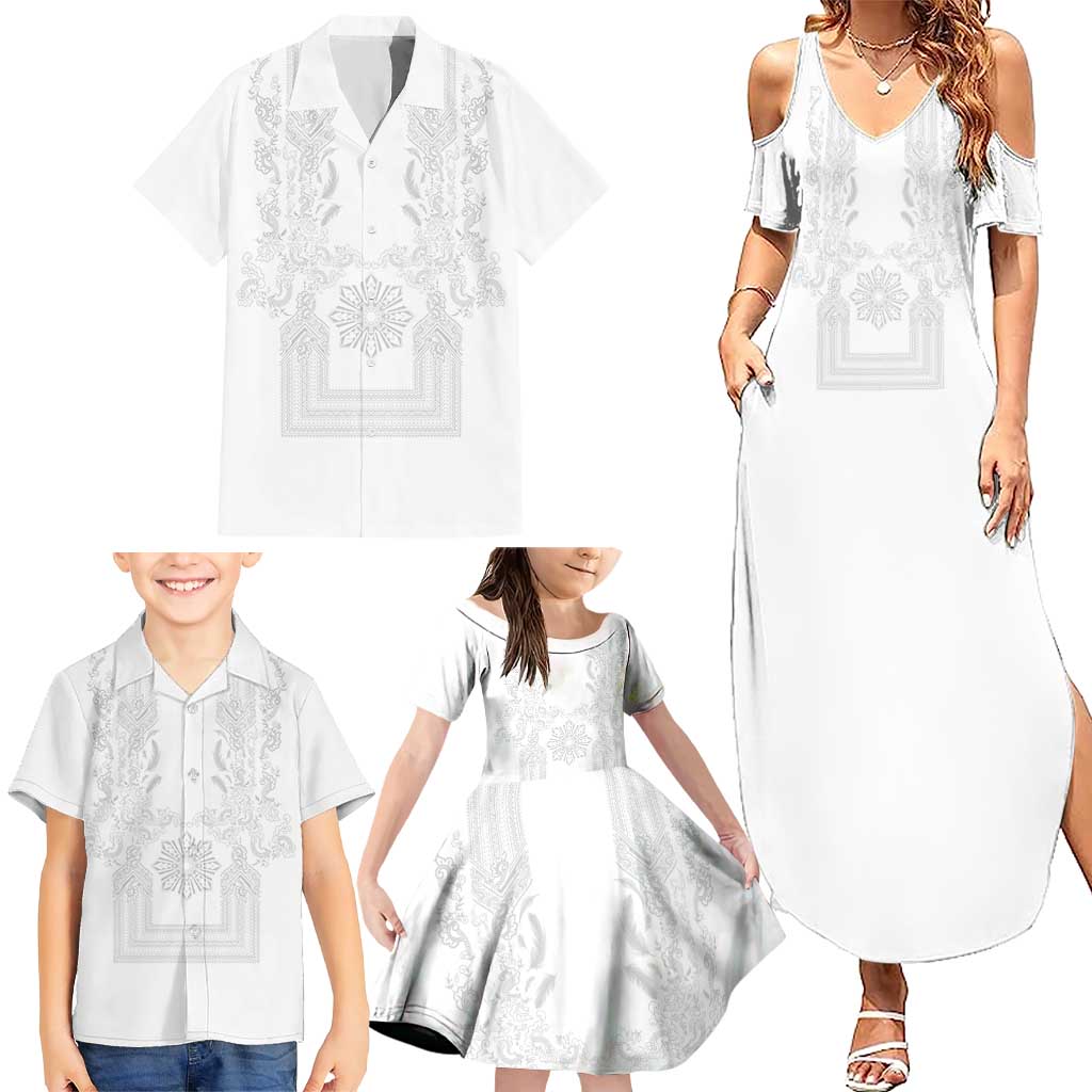 Philippines Barong Style Family Matching Summer Maxi Dress and Hawaiian Shirt with Polynesian Art and Leaf Motif White Color