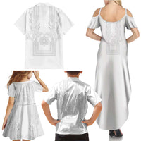 Philippines Barong Style Family Matching Summer Maxi Dress and Hawaiian Shirt with Polynesian Art and Leaf Motif White Color LT03 - Polynesian Pride