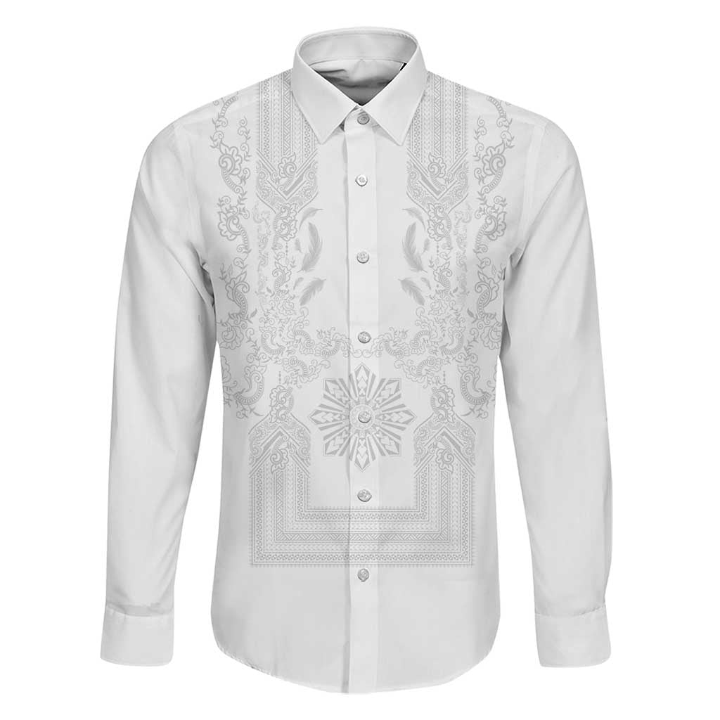 Philippines Barong Style Family Matching Summer Maxi Dress and Hawaiian Shirt with Polynesian Art and Leaf Motif White Color LT03 Dad's Shirt - Long Sleeve White - Polynesian Pride