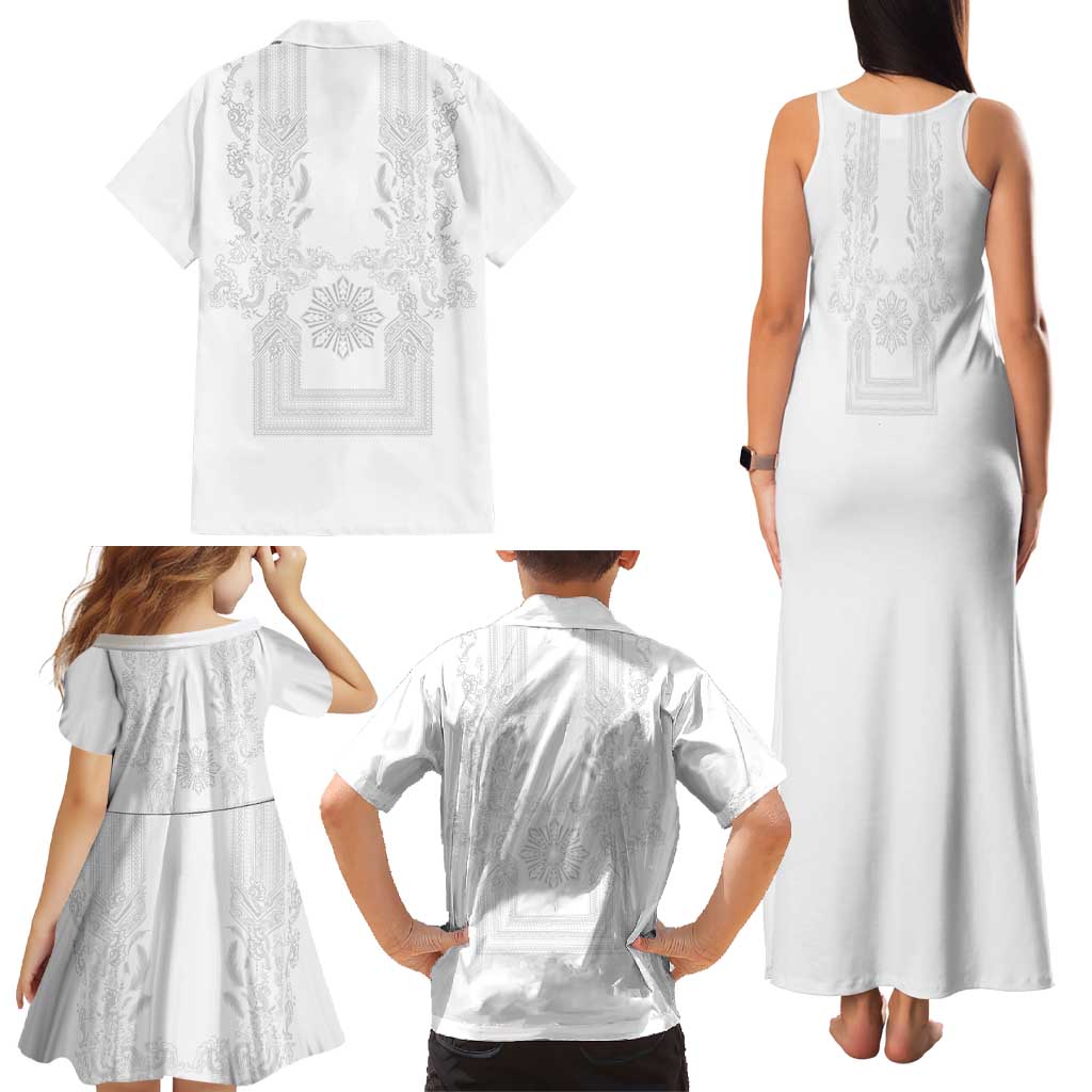 Philippines Barong Style Family Matching Tank Maxi Dress and Hawaiian Shirt with Polynesian Art and Leaf Motif White Color LT03 - Polynesian Pride