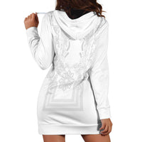 Philippines Barong Style Hoodie Dress with Polynesian Art and Leaf Motif White Color