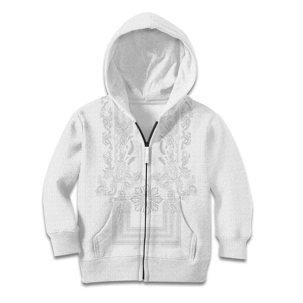 Philippines Barong Style Kid Hoodie with Polynesian Art and Leaf Motif White Color
