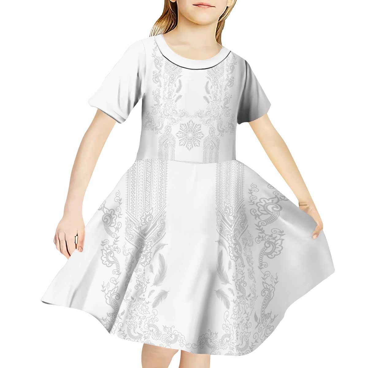 Philippines Barong Style Kid Short Sleeve Dress with Polynesian Art and Leaf Motif White Color