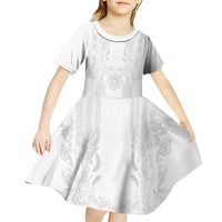 Philippines Barong Style Kid Short Sleeve Dress with Polynesian Art and Leaf Motif White Color