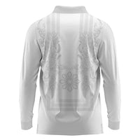 Philippines Barong Style Long Sleeve Polo Shirt with Polynesian Art and Leaf Motif White Color