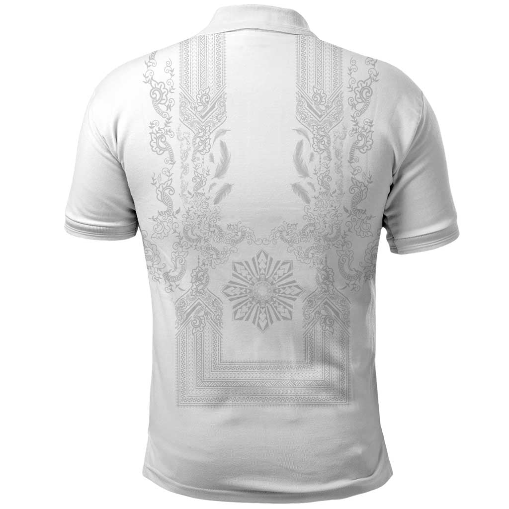 Philippines Barong Style Polo Shirt with Polynesian Art and Leaf Motif White Color