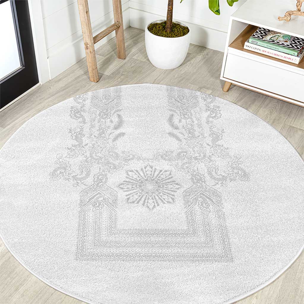 Philippines Barong Style Round Carpet with Polynesian Art and Leaf Motif White Color