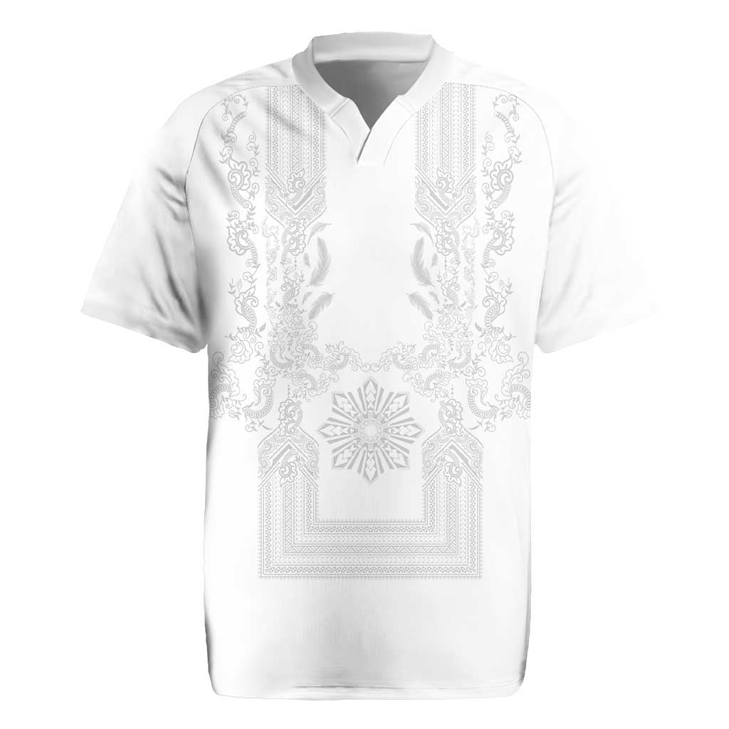 Philippines Barong Style Rugby Jersey with Polynesian Art and Leaf Motif White Color