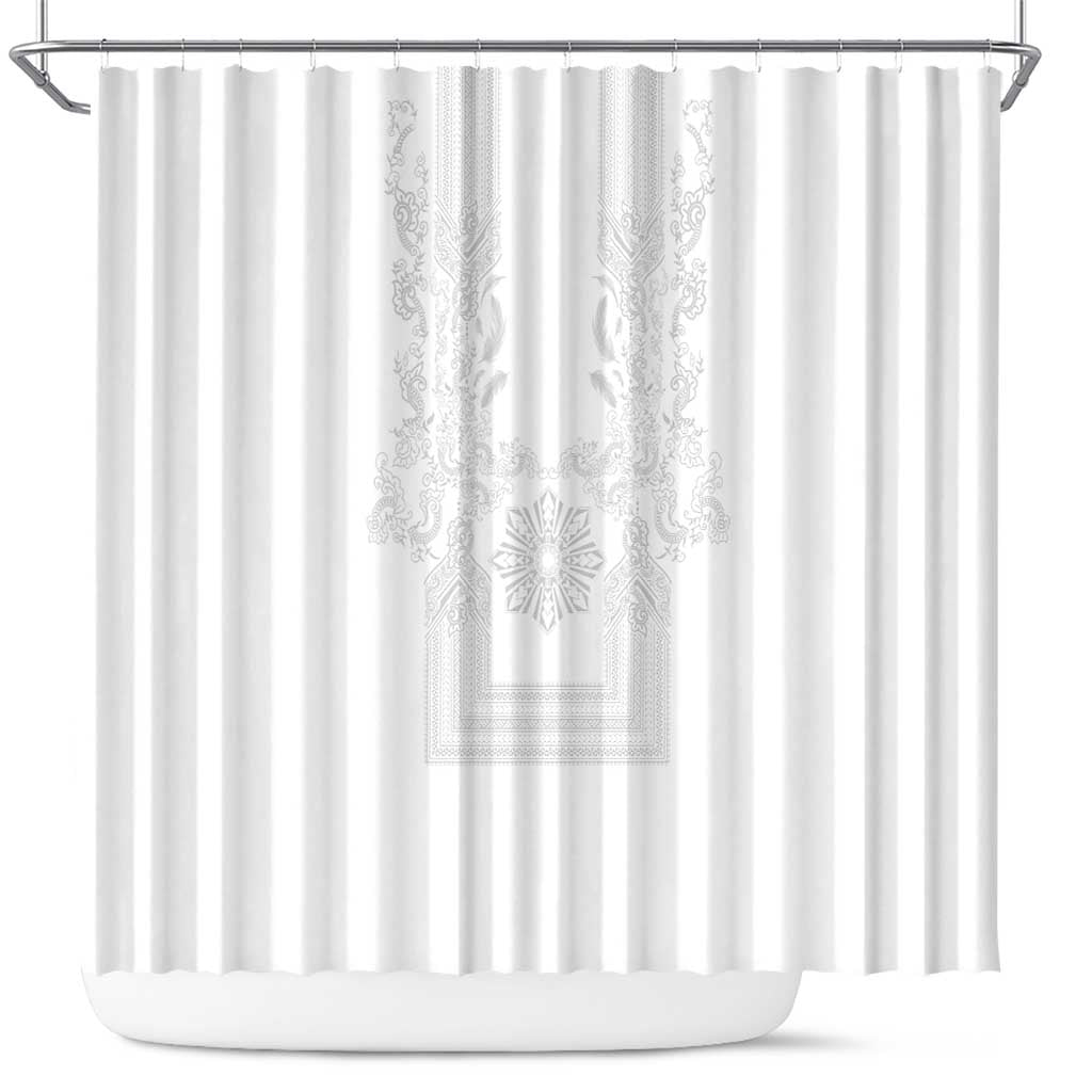 Philippines Barong Style Shower Curtain with Polynesian Art and Leaf Motif White Color