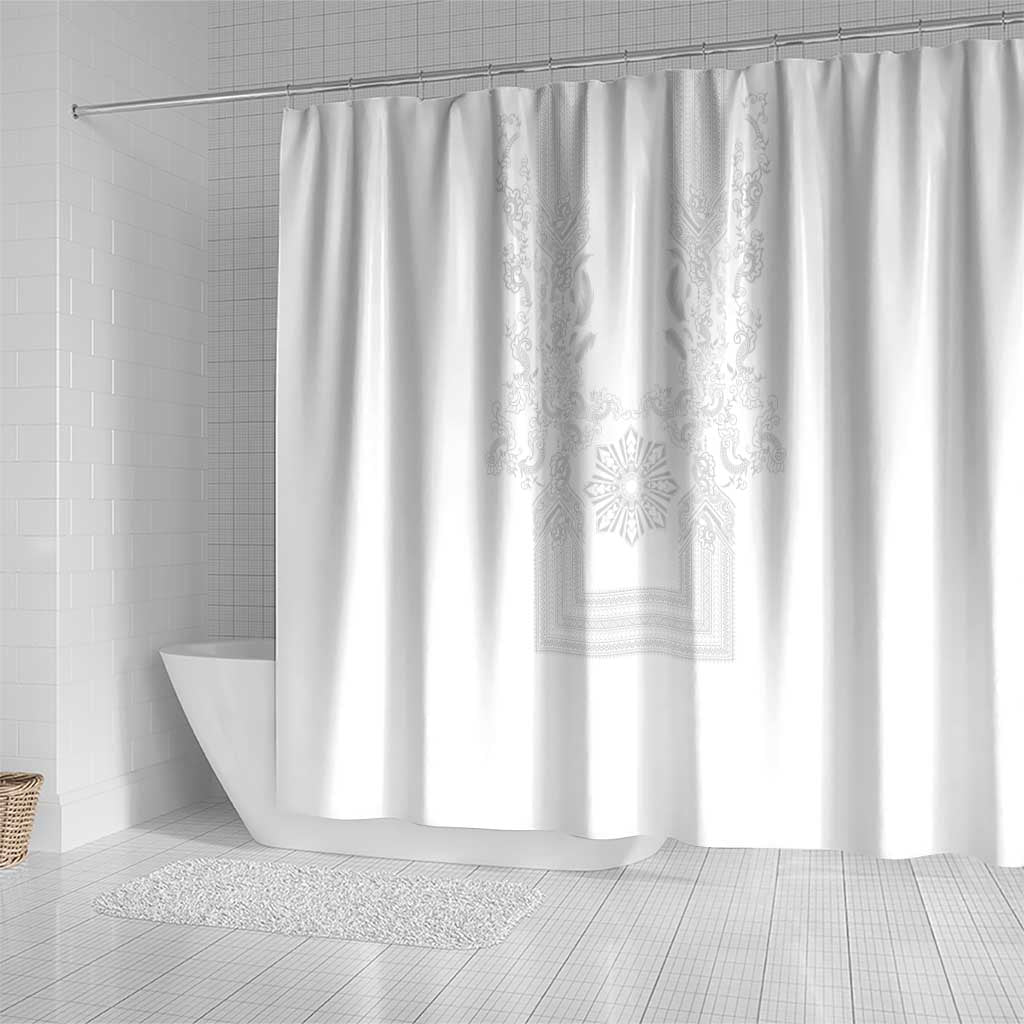 Philippines Barong Style Shower Curtain with Polynesian Art and Leaf Motif White Color