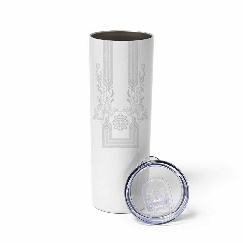 Philippines Barong Style Skinny Tumbler with Polynesian Art and Leaf Motif White Color
