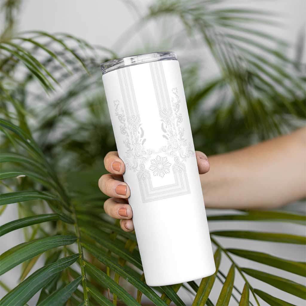 Philippines Barong Style Skinny Tumbler with Polynesian Art and Leaf Motif White Color