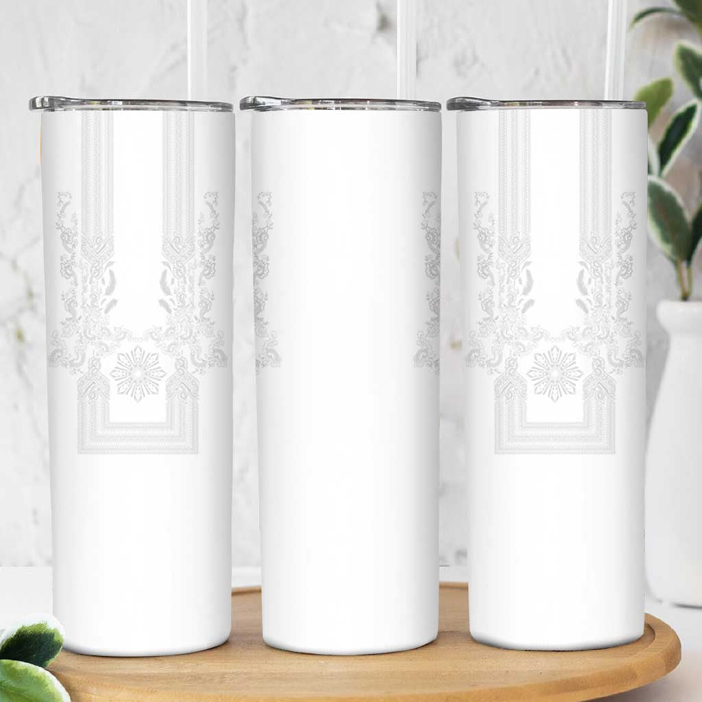 Philippines Barong Style Skinny Tumbler with Polynesian Art and Leaf Motif White Color