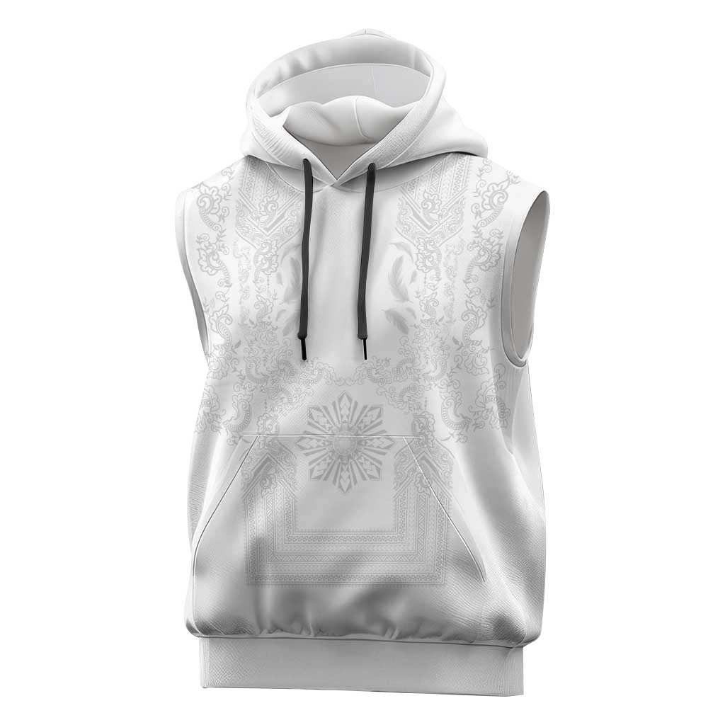 Philippines Barong Style Sleeveless Hoodie with Polynesian Art and Leaf Motif White Color