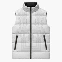 Philippines Barong Style Sleeveless Puffer Jacket with Polynesian Art and Leaf Motif White Color