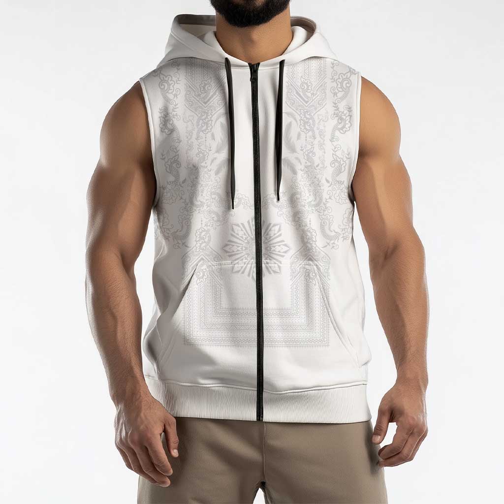 Philippines Barong Style Sleeveless Zip Hoodie with Polynesian Art and Leaf Motif White Color