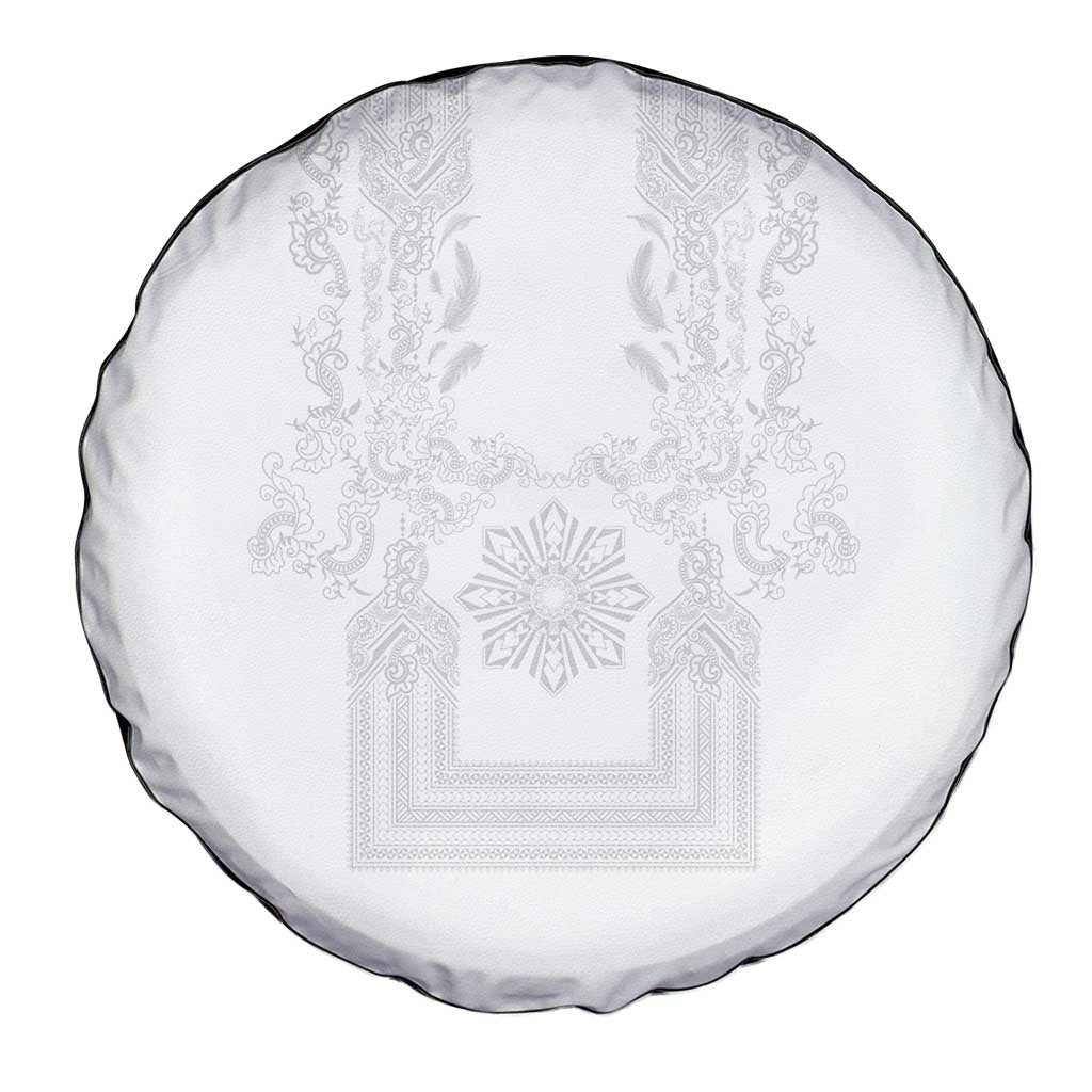 Philippines Barong Style Spare Tire Cover with Polynesian Art and Leaf Motif White Color